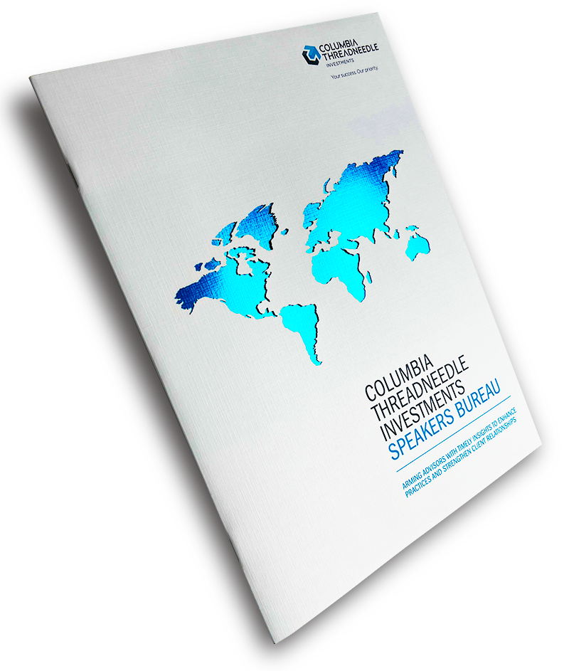 White brochure cover with metallic blue foil design